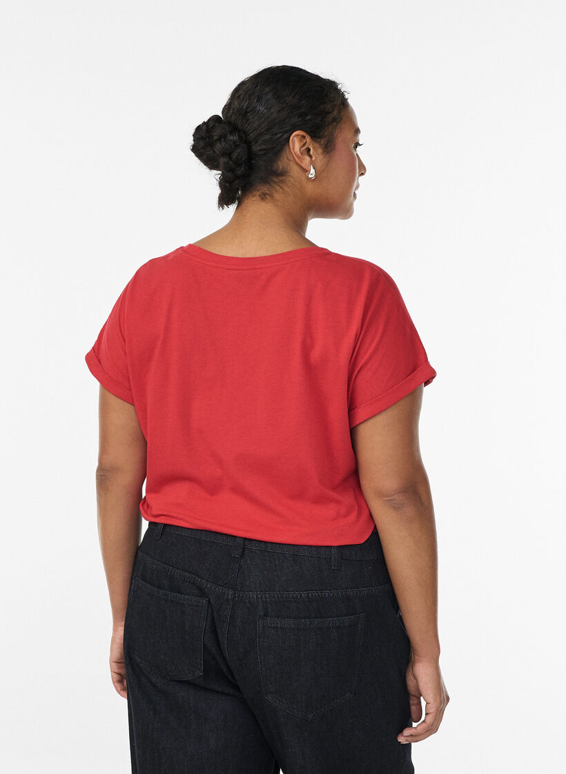 T-shirt &agrave; manches courtes en coton m&eacute;lang&eacute;, Rouge, Model image number 2