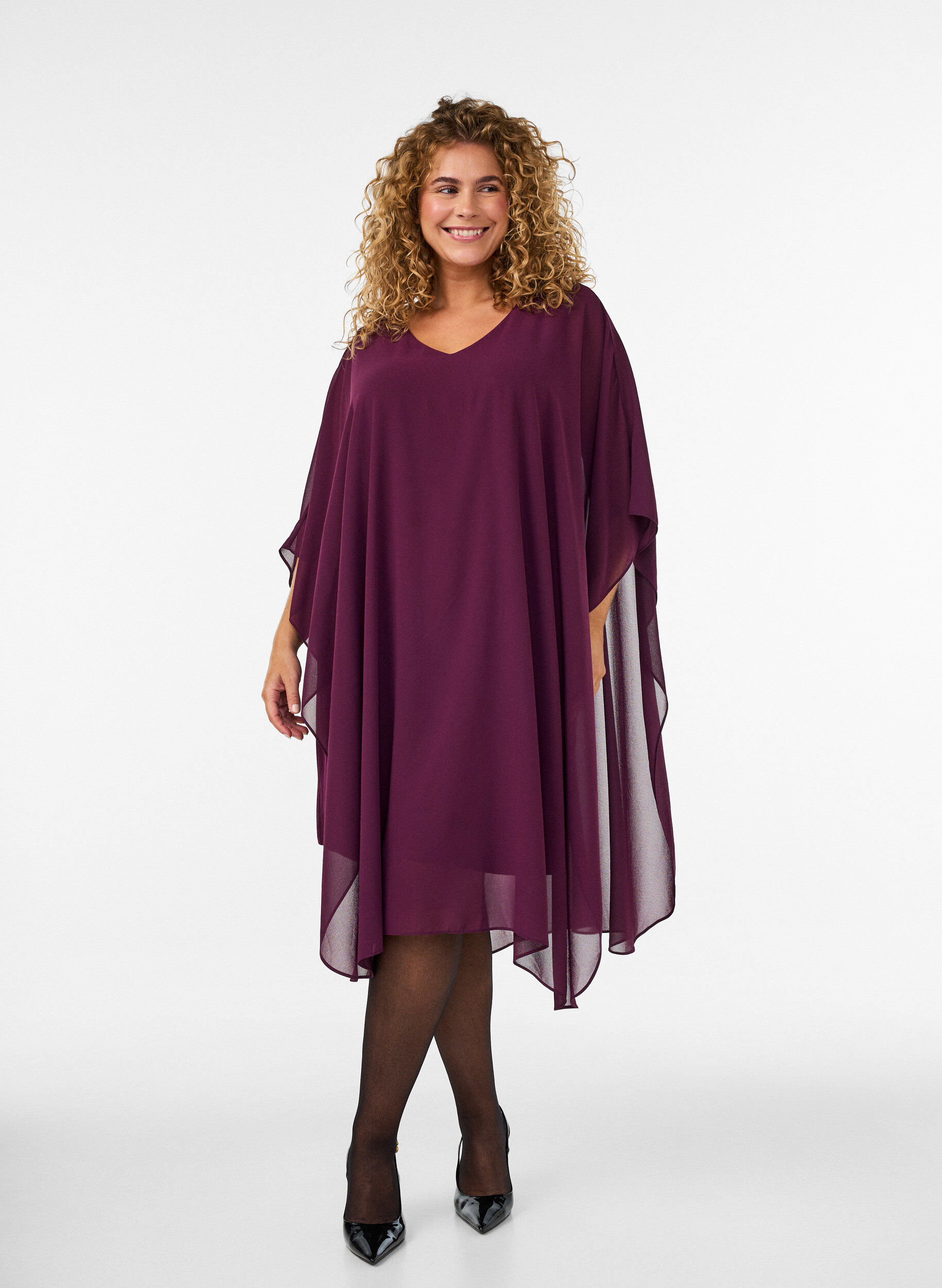 ZizziKorte chiffon jurk met V-hals, Paars, Model image number 0