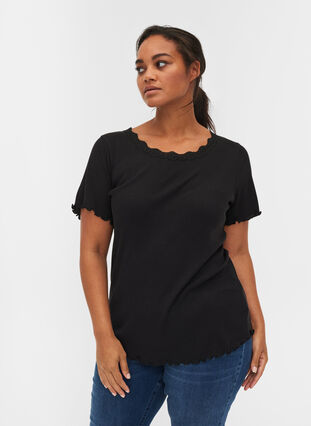 T-shirt côtelé à manches courtes avec bordure en dentelle, Black, Model image number 0