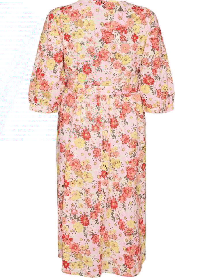 Bloemen midi-jurk met broderie anglaise en een strikriem, Roze, Packshot image number 1