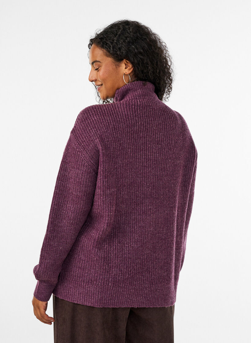 Gebreide trui met hoge hals en rits, Paars, Model image number 2