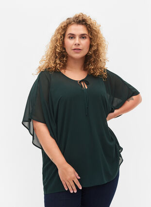 Bedrukte blouse met strikkoord en korte mouwen, Scarab, Model image number 0