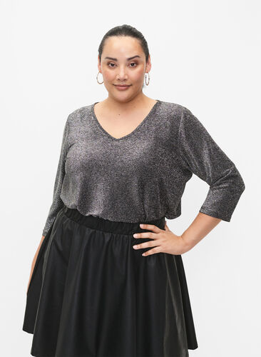 Glitter blouse met 3/4 mouwen, Black Silver , Model image number 0