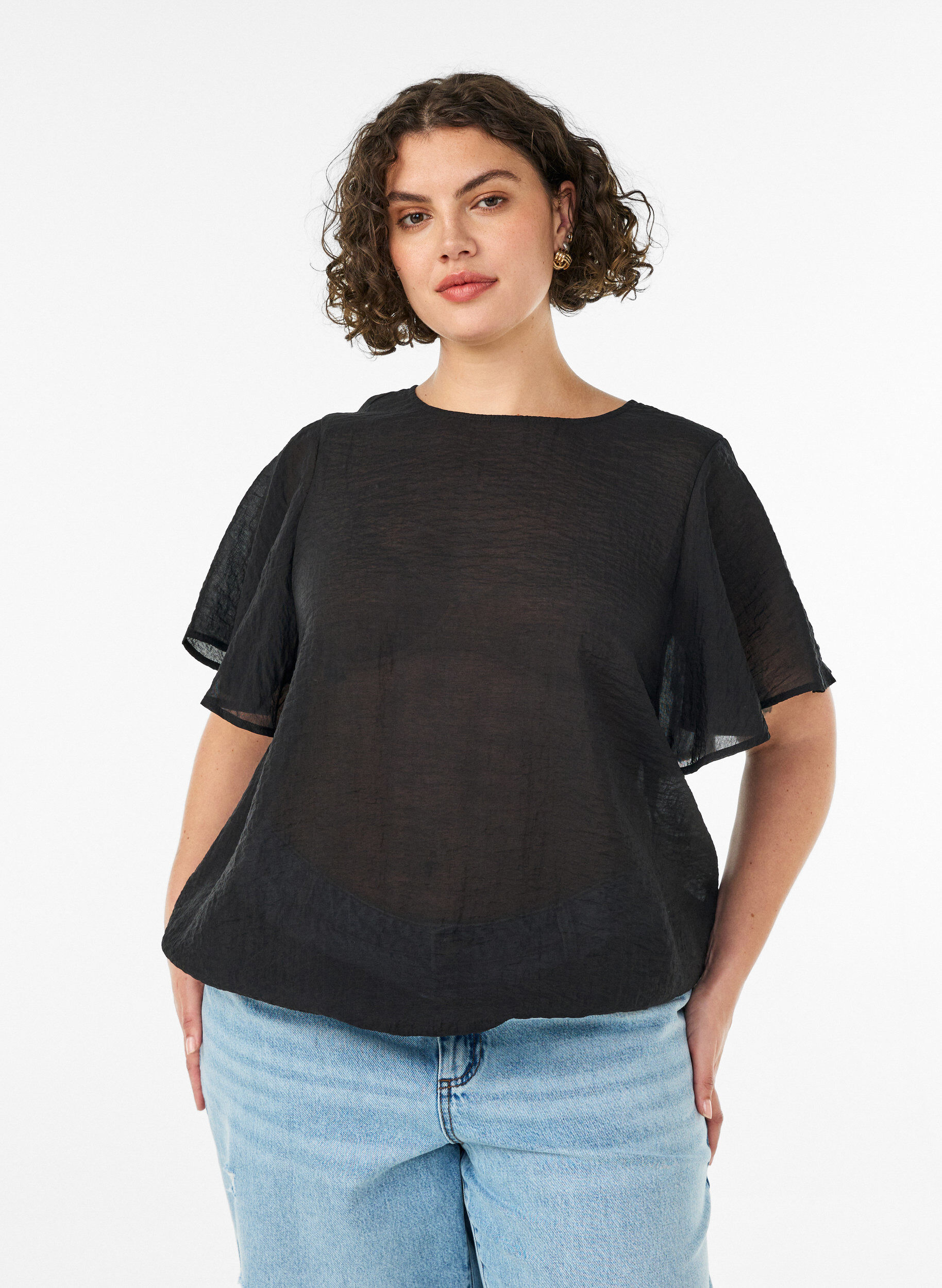 Blouse met ballonavorm en vleermuismouwen, Zwart, Model