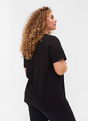 T-shirt en coton avec col en V et dentelle, Black, Model image number 1