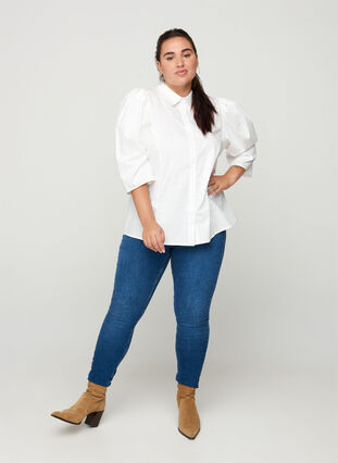 Katoenen blouse met 3/4 pofmouwen, Bright White, Model image number 2