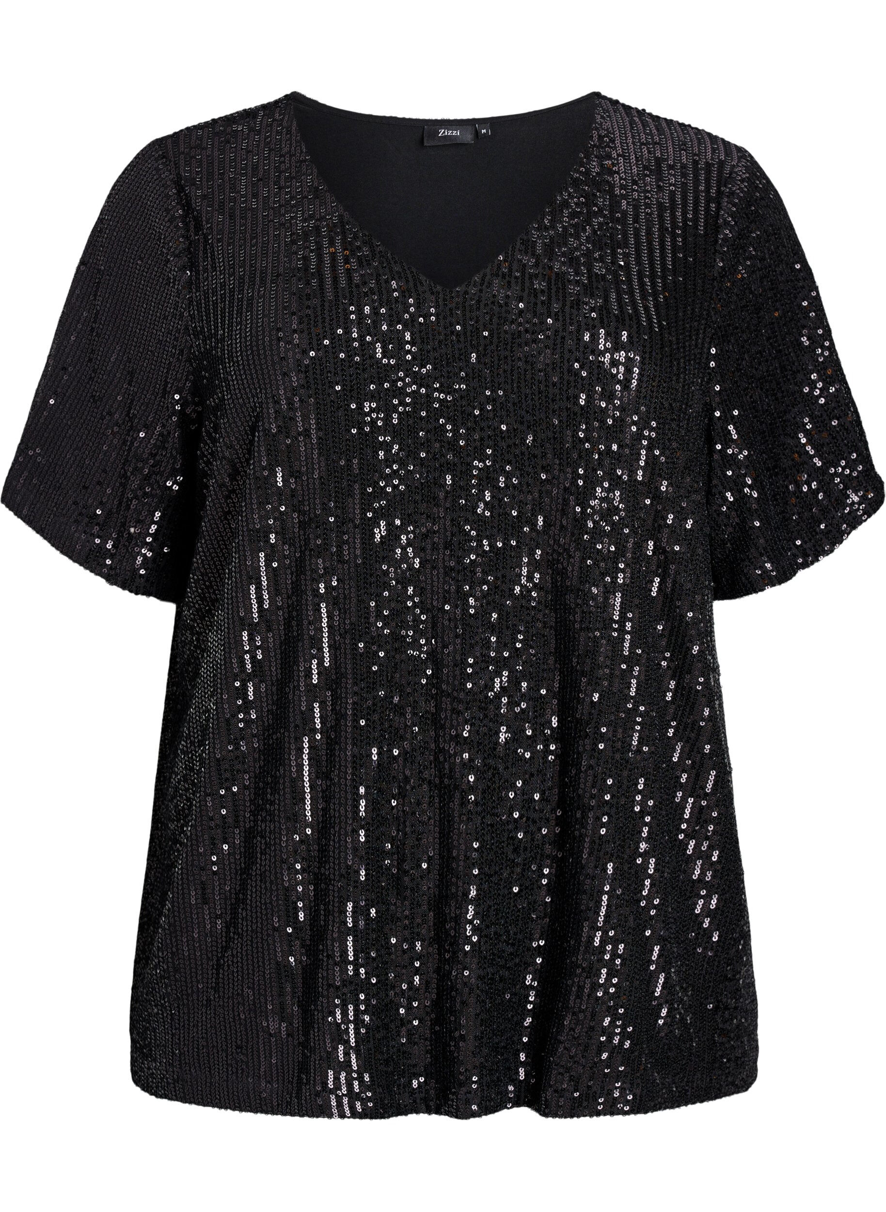 Blouse &agrave; paillettes avec col en V et manches courtes