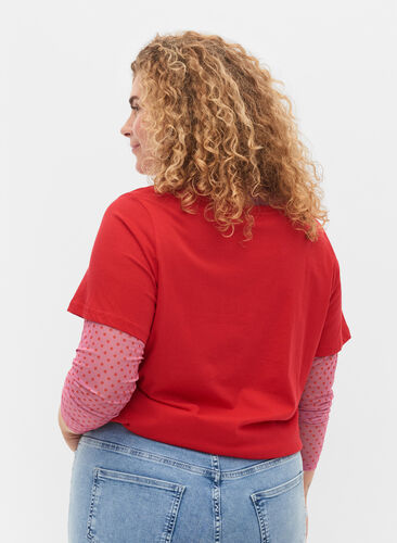 Katoenen t-shirt met korte mouwen en tekstopdruk, Chinese Red, Model image number 1