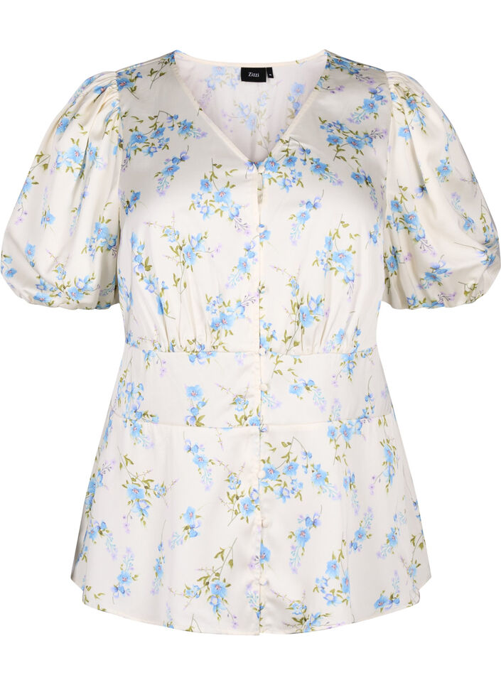 Chemisier en satin floral avec manches bouffantes, Off White Blue Fl., Packshot image number 0