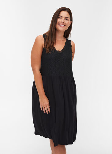 Viscose pyjama jurk met kanten top, Black, Model image number 0