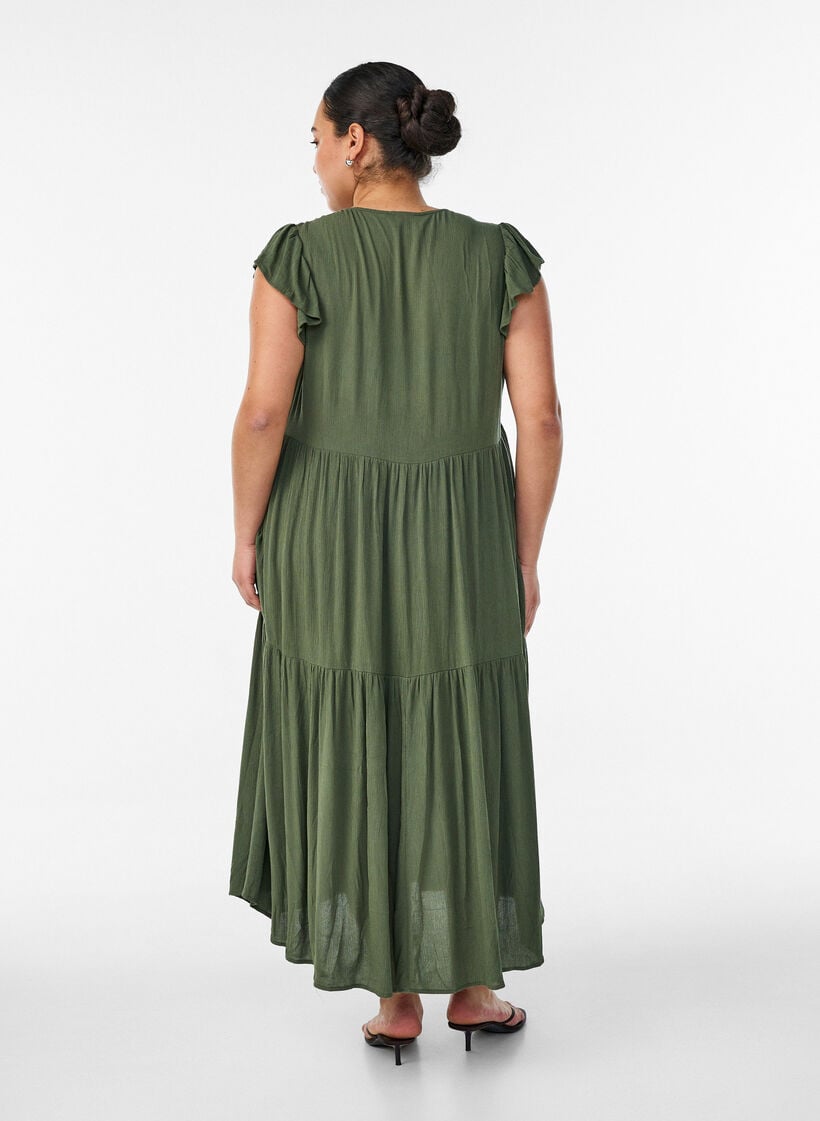 Midi jurk van viscose met ruches mouwen, Groen, Model image number 0
