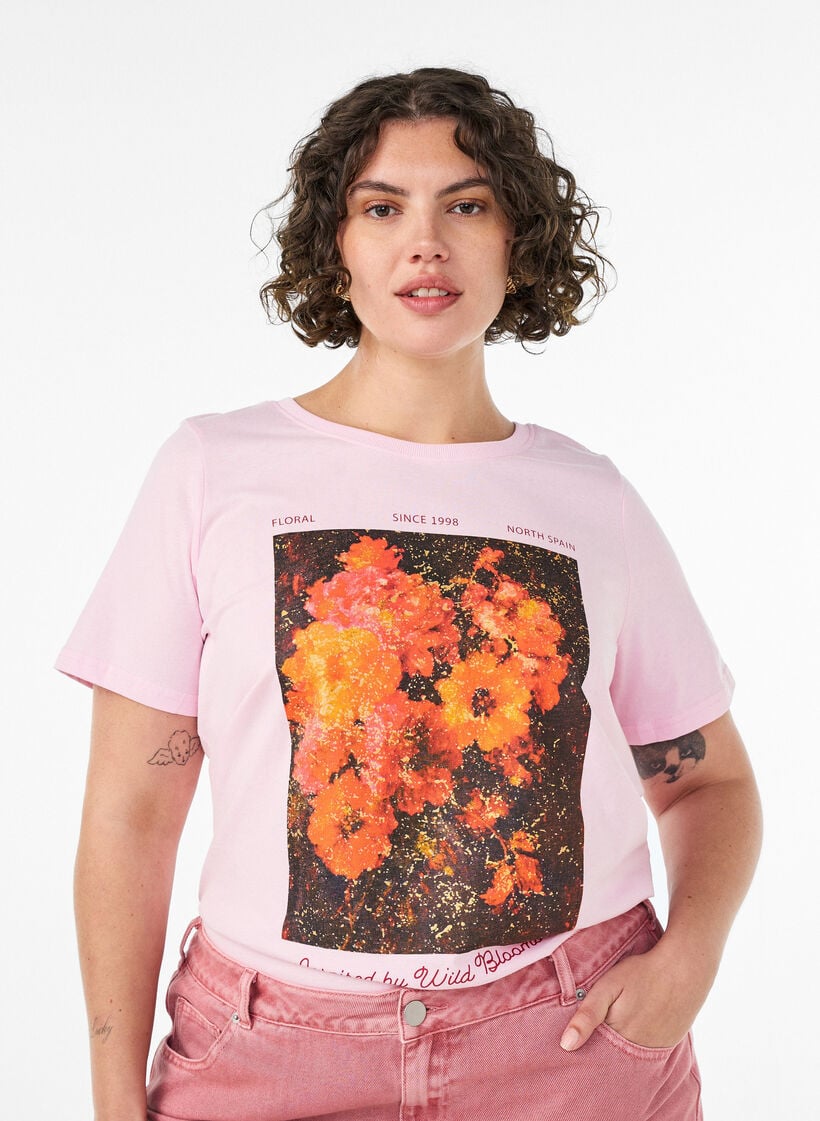 T-shirt en coton avec imprim&eacute; devant, Rose, Model image number 0