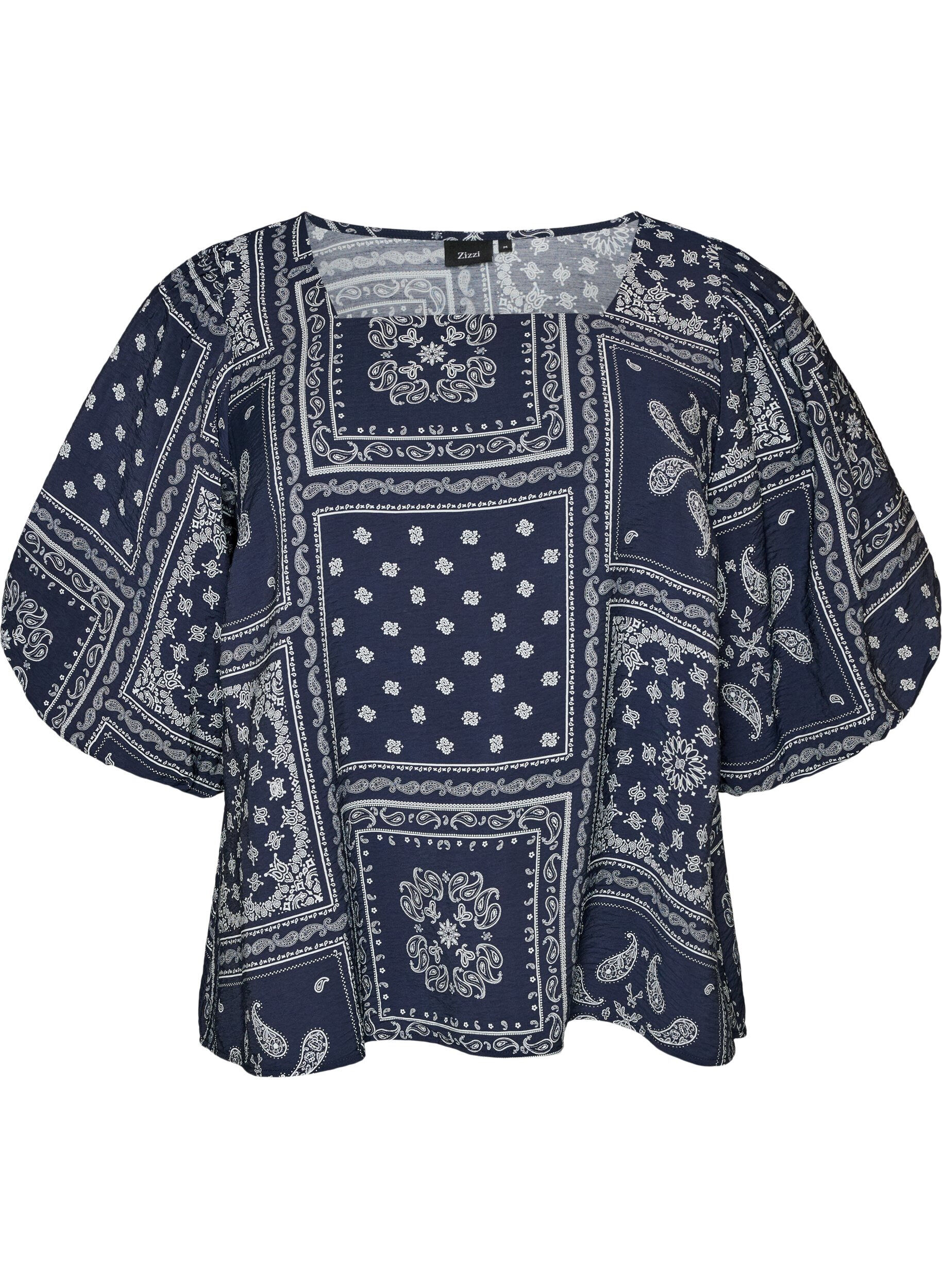 Blouse en viscose &agrave; imprim&eacute; cachemire et manches ballon