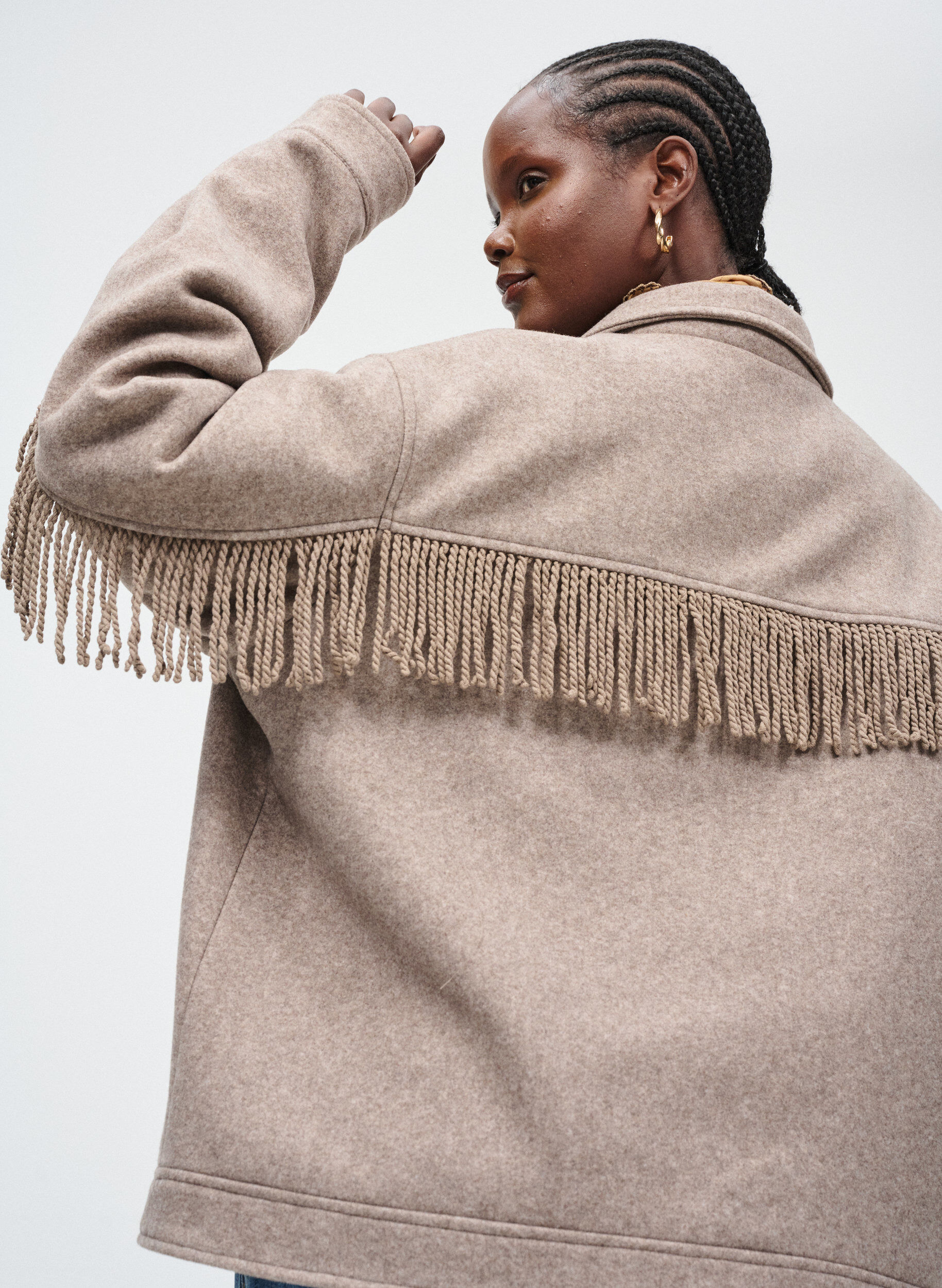 ZizziKorte shirtjas met franjes, Beige, Image image number 0