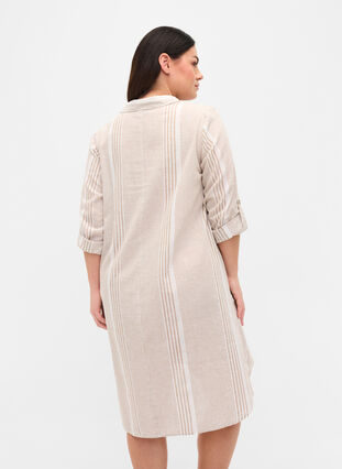 Robe rayée en coton et lin, White Taupe Stripe, Model image number 1