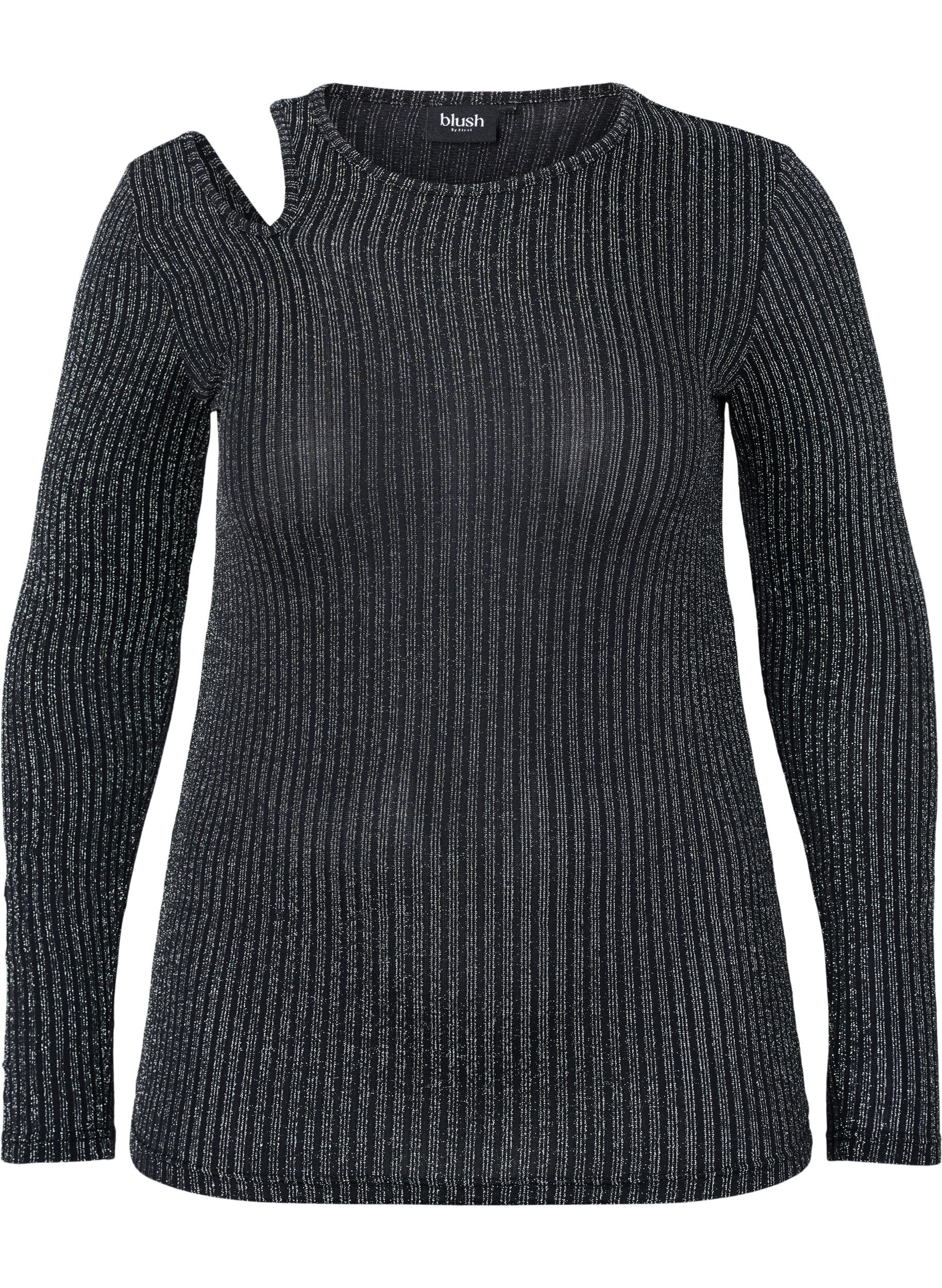 ZizziUitgesneden blouse met lange mouwen en glitter, B. w. Silver Stripes, Packshot image number 0