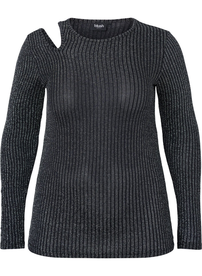 Blouse à manches longues avec découpe et paillettes, B. w. Silver Stripes, Packshot image number 0