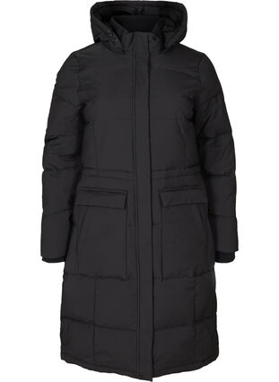 Lange winterjas met verstelbare taille, Black, Packshot image number 0