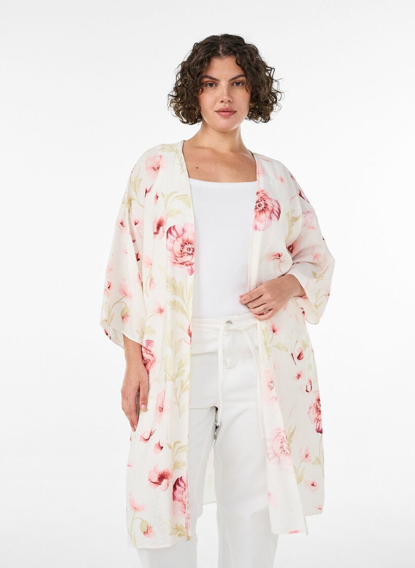 Kimono van viscose met 3/4 mouwen, Rood, Model image number 0