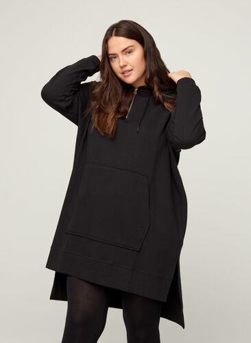 Robe pull à manches longues avec capuche et poche, Black, Model image number 0