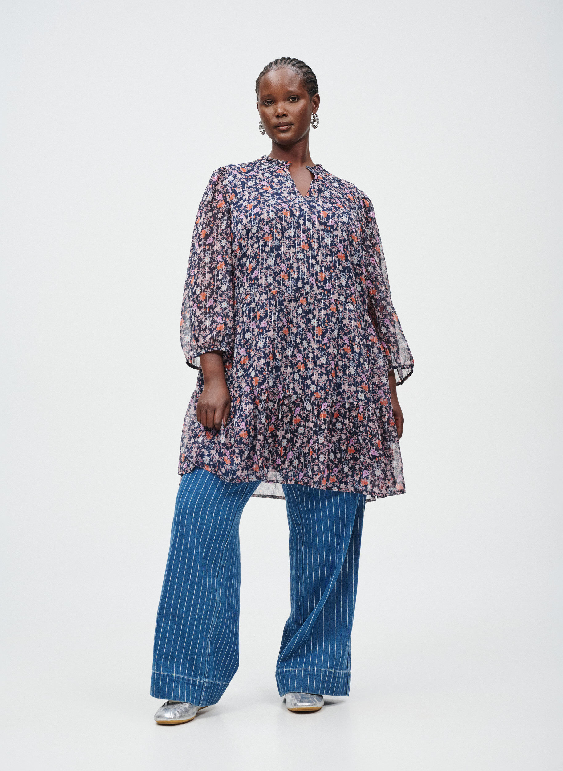 ZizziTunic met bloemenprint en glitterdraden, Blauw, Image image number 0