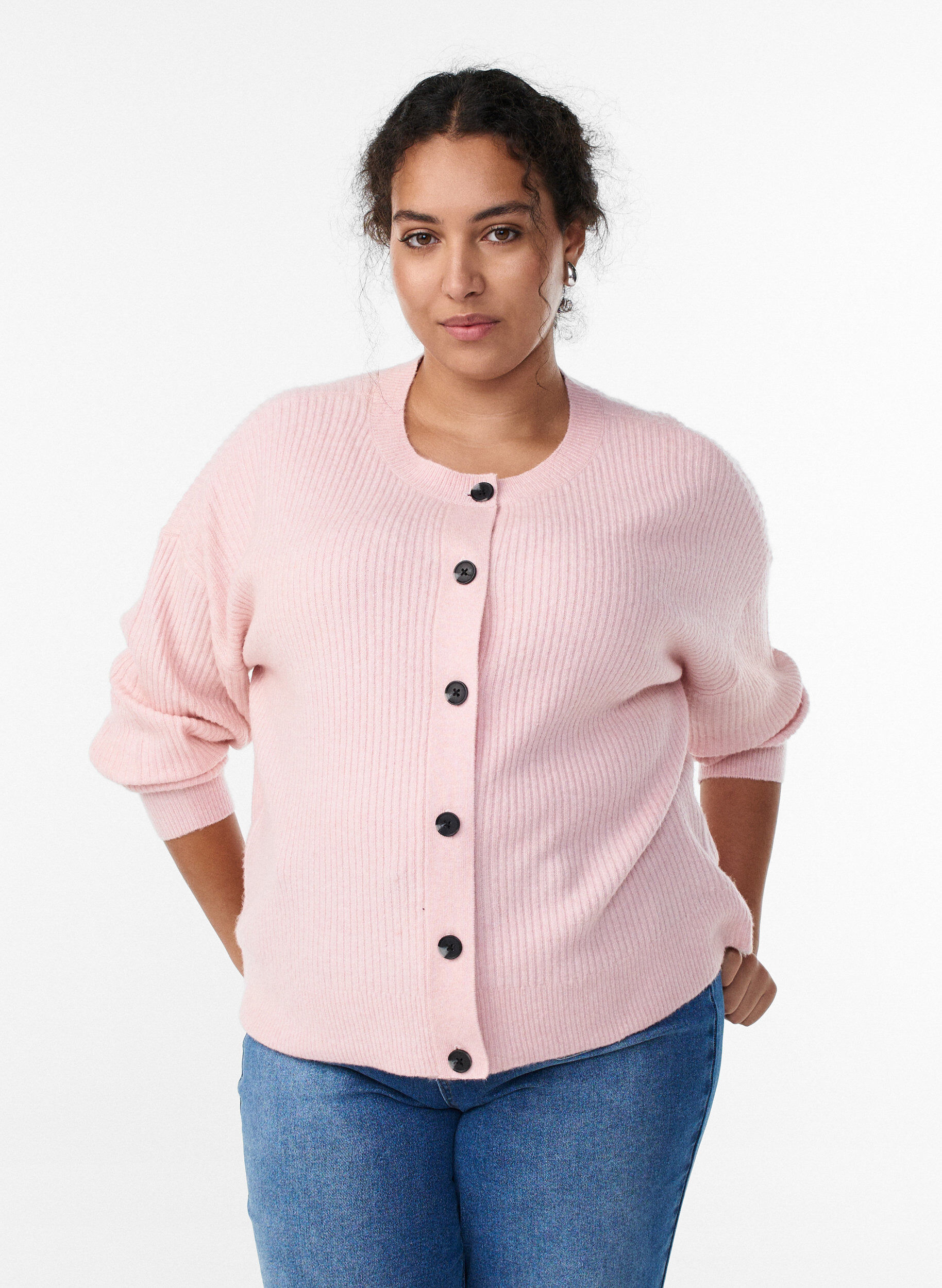 Vest van ribtricot met knopen, Roze, Model