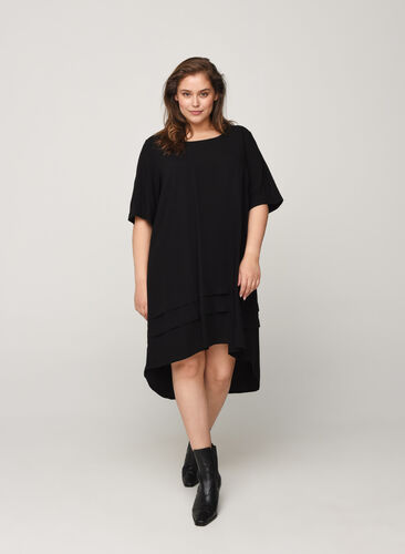 Viscose jurk met high-low effect, Black, Model image number 0