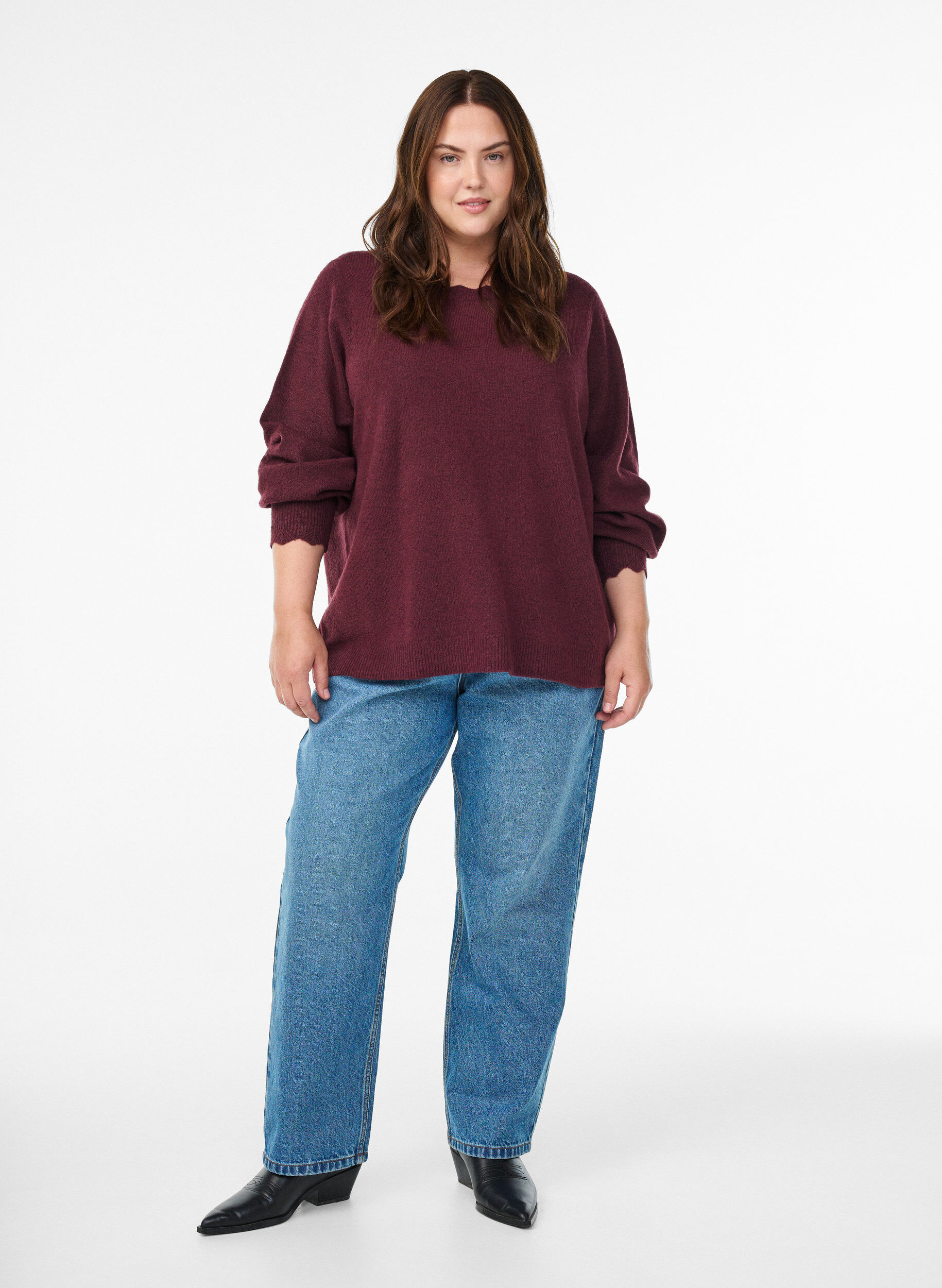 ZizziGebreide blouse met golvende randen, Donker Bordeaux, Model image number 1