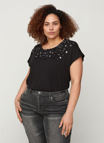 Katoenen t-shirt met korte mouwen en sterretjes, Black STARS, Model image number 0