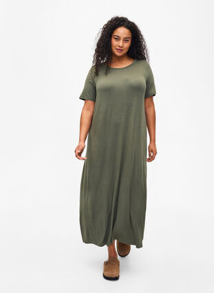 Midi-jurk van viscose met korte mouwen, Thyme, Model image number 3
