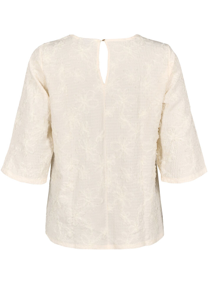 Blouse met 3/4 mouwen en 3D bloemen, Warm Off-white, Packshot image number 1