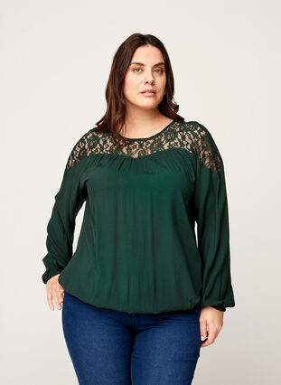 Viscose blouse met lange mouwen en kant, Darkest Spruce, Model image number 0