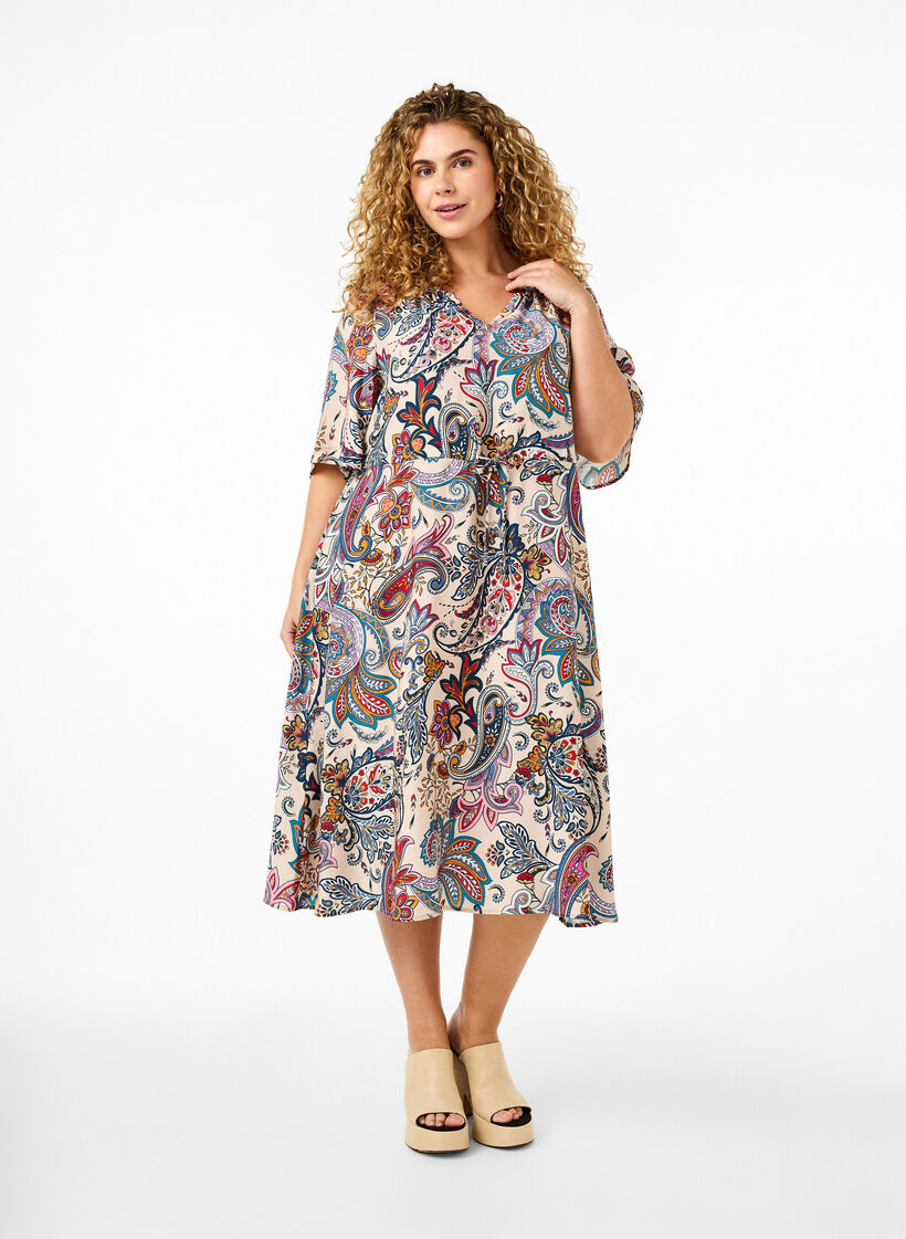 Robe manches courtes en viscose avec imprimé paisley, Sand Do. Paisley AOP, Model image number 0