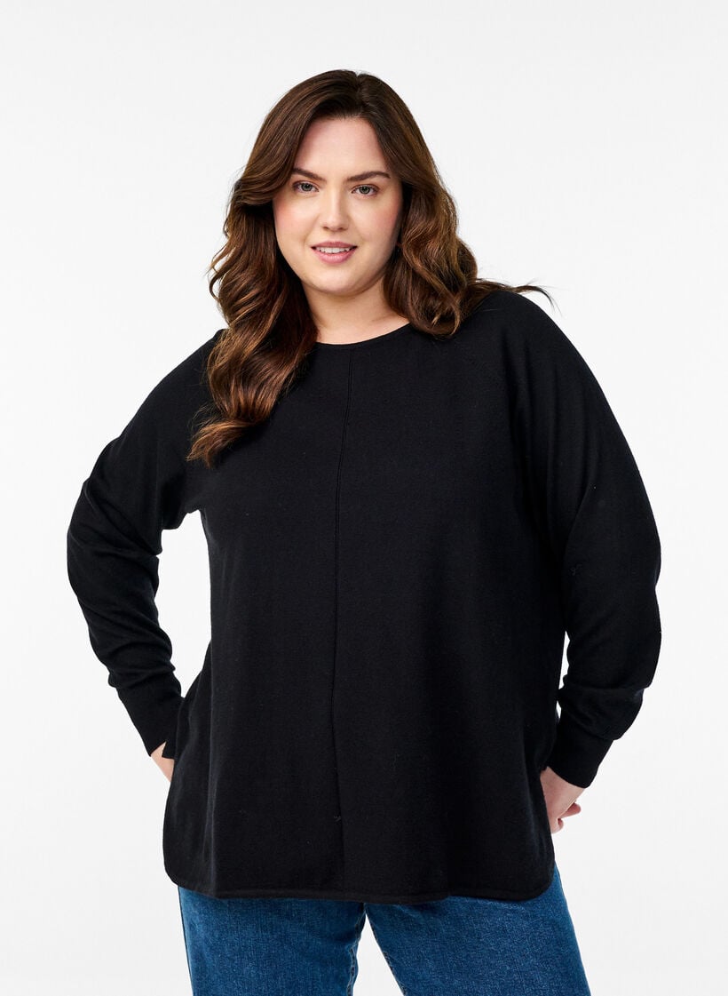 Chemisier en tricot avec col rond et motif tricot, Noir, Model image number 0