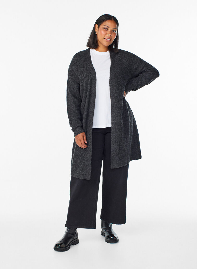 Lange geribde cardigan met een open voorkant, Grijs, Model image number 1