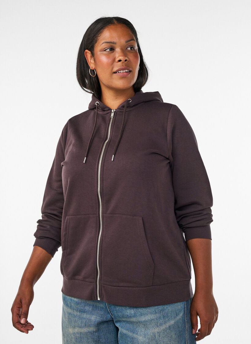 Sweat &agrave; capuche zipp&eacute; avec poches, Marron, Model image number 0
