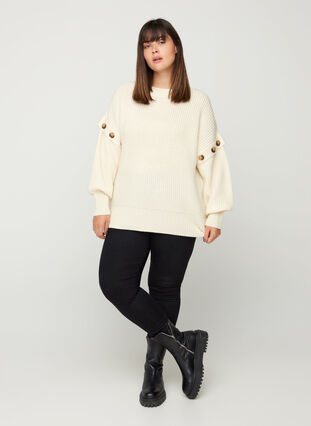 Gebreide blouse met wol en knoopjes, Cloud Dancer, Model image number 3