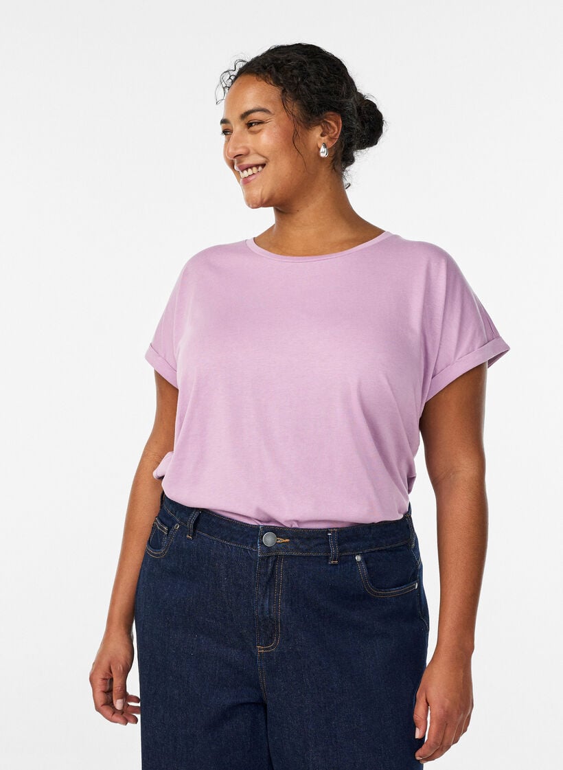 T-shirt met korte mouwen in een katoenmix, Paars, Model image number 0