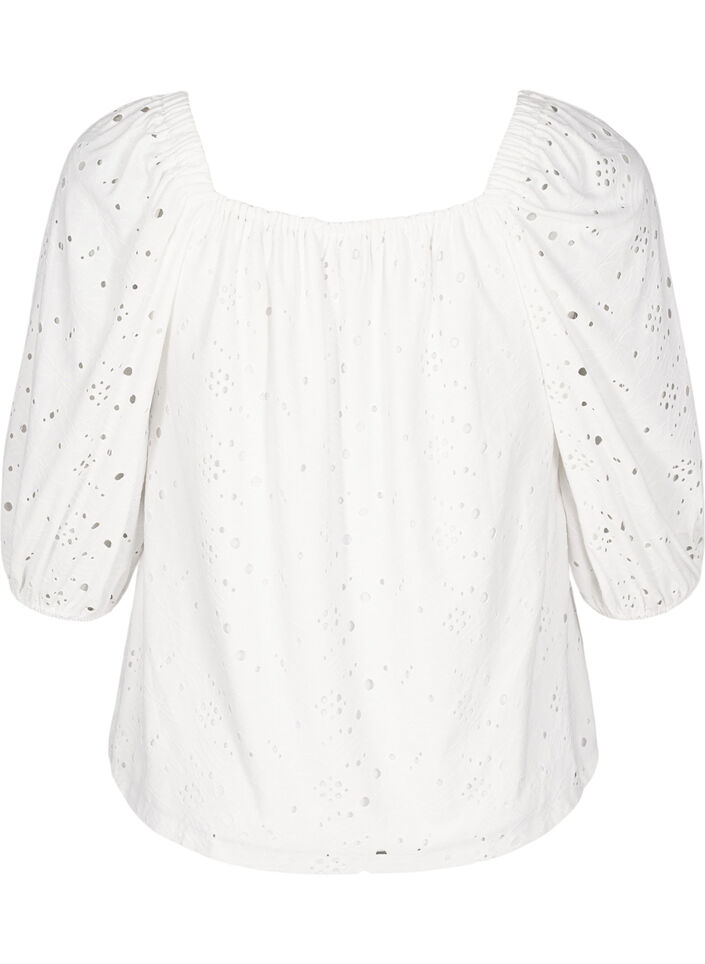 Blouse met korte pofmouwen en een opengewerkt patroon, Wit, Packshot image number 1