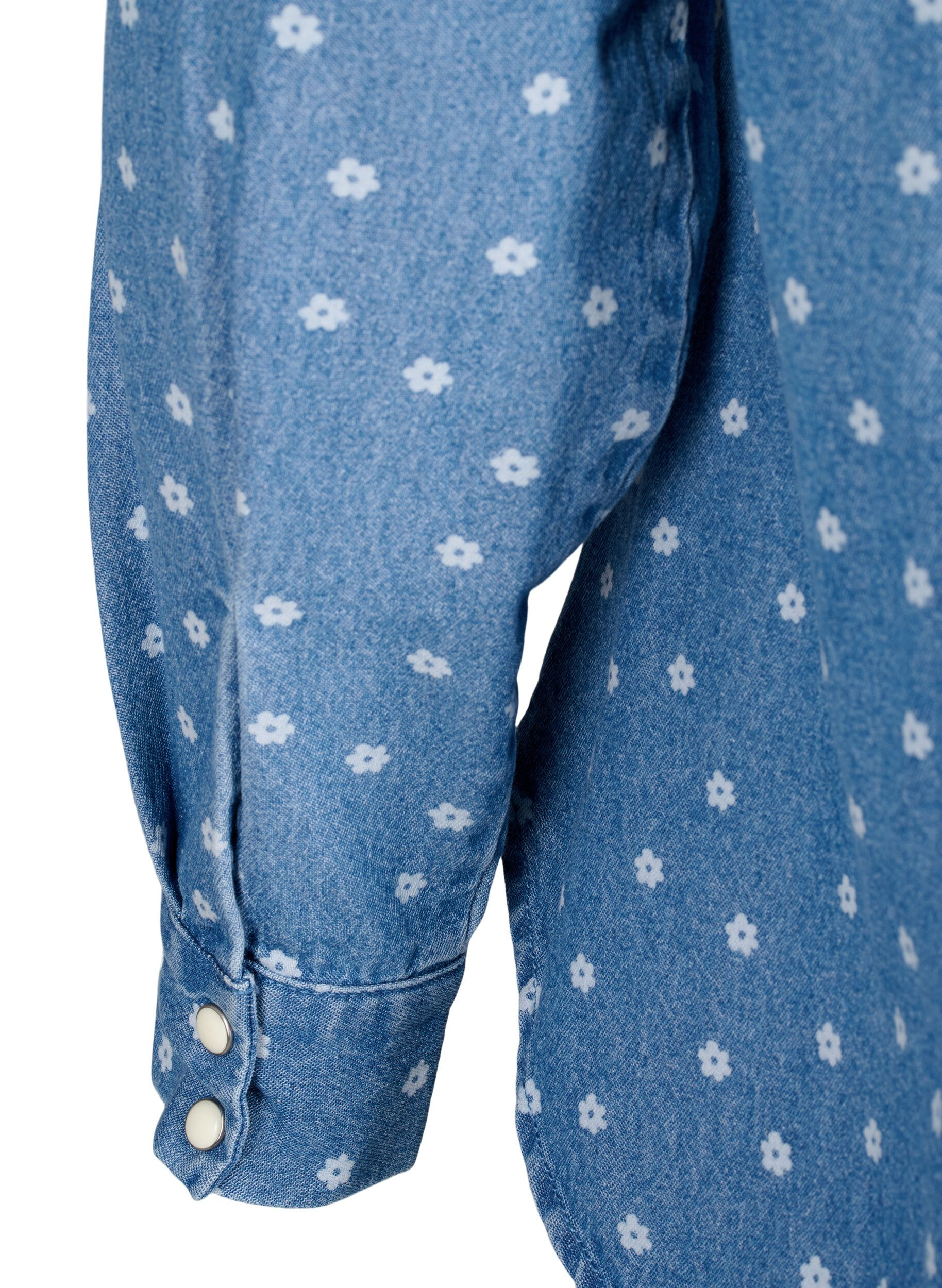 ZizziGebloemd denim overhemd met borstzak, Light Blue w.Flowers, Packshot image number 4