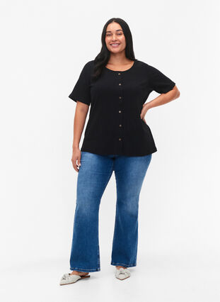 Geribd t-shirt met korte mouwen en knopen, Black, Model image number 2
