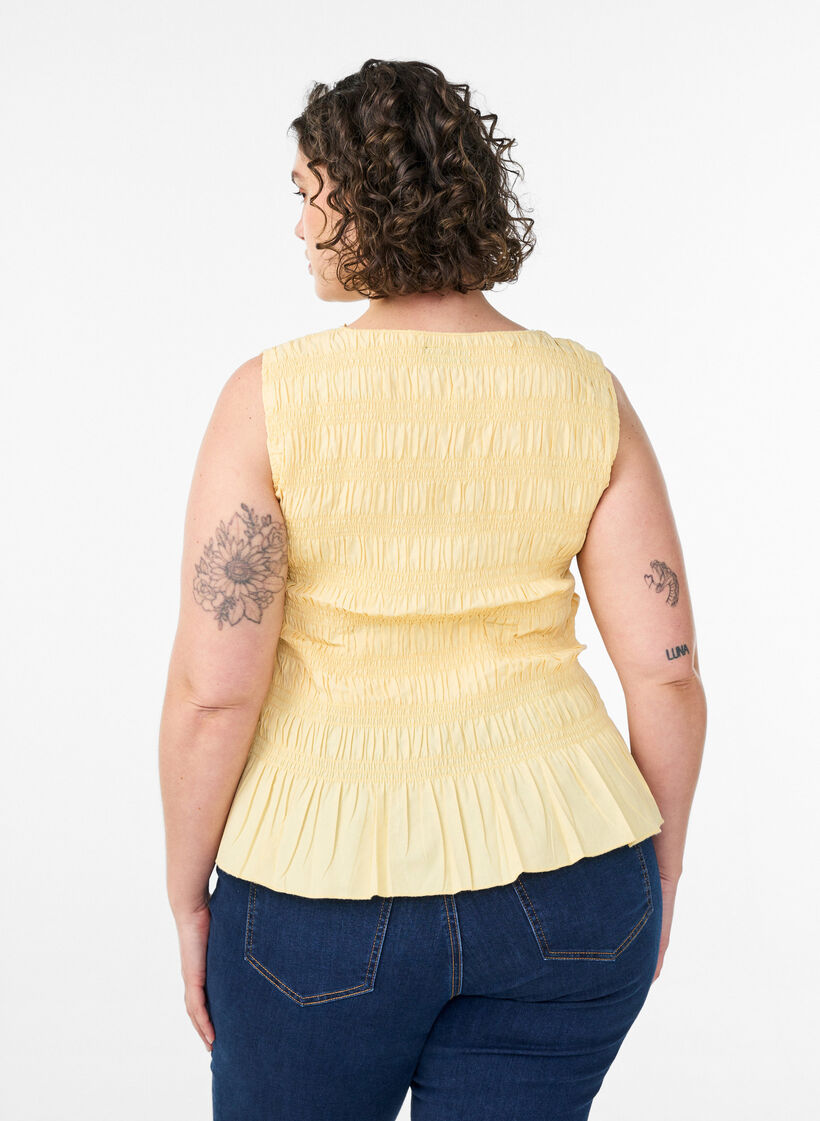 Smocktop met boothals en peplumzoom, Geel, Model image number 2
