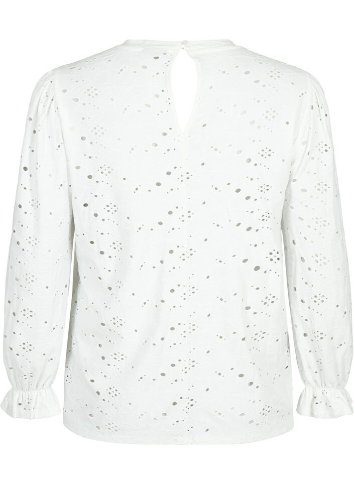 Blouse met lange mouwen en gaatjespatroon, Bright White, Packshot image number 1