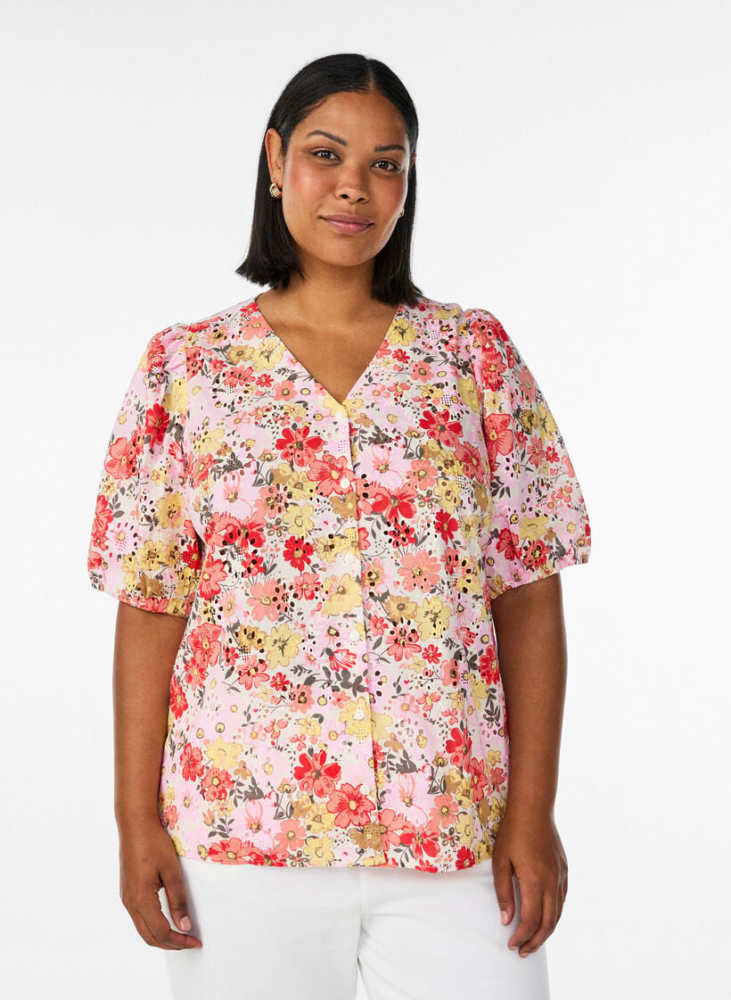 Bloemenblouse met broderiegatwerk en V-hals, Roze, Model image number 0