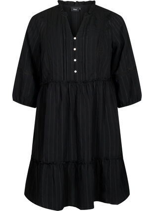 Gestreepte viscose jurk met kanten rand en 3/4 mouwen, Black, Packshot image number 0