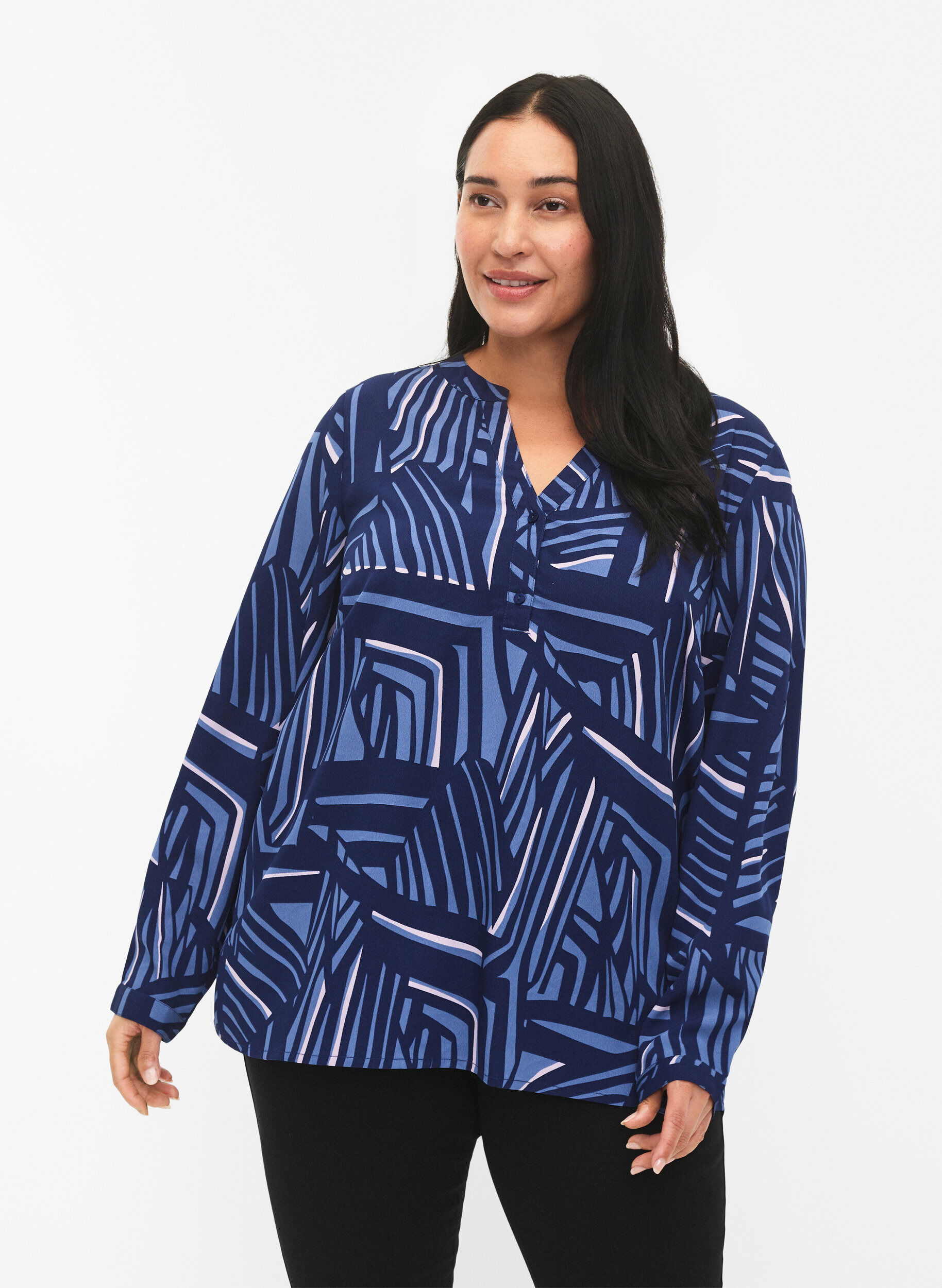 ZizziFLASH - Blouse met lange mouwen en print, Medieval Blue AOP, Model image number 0