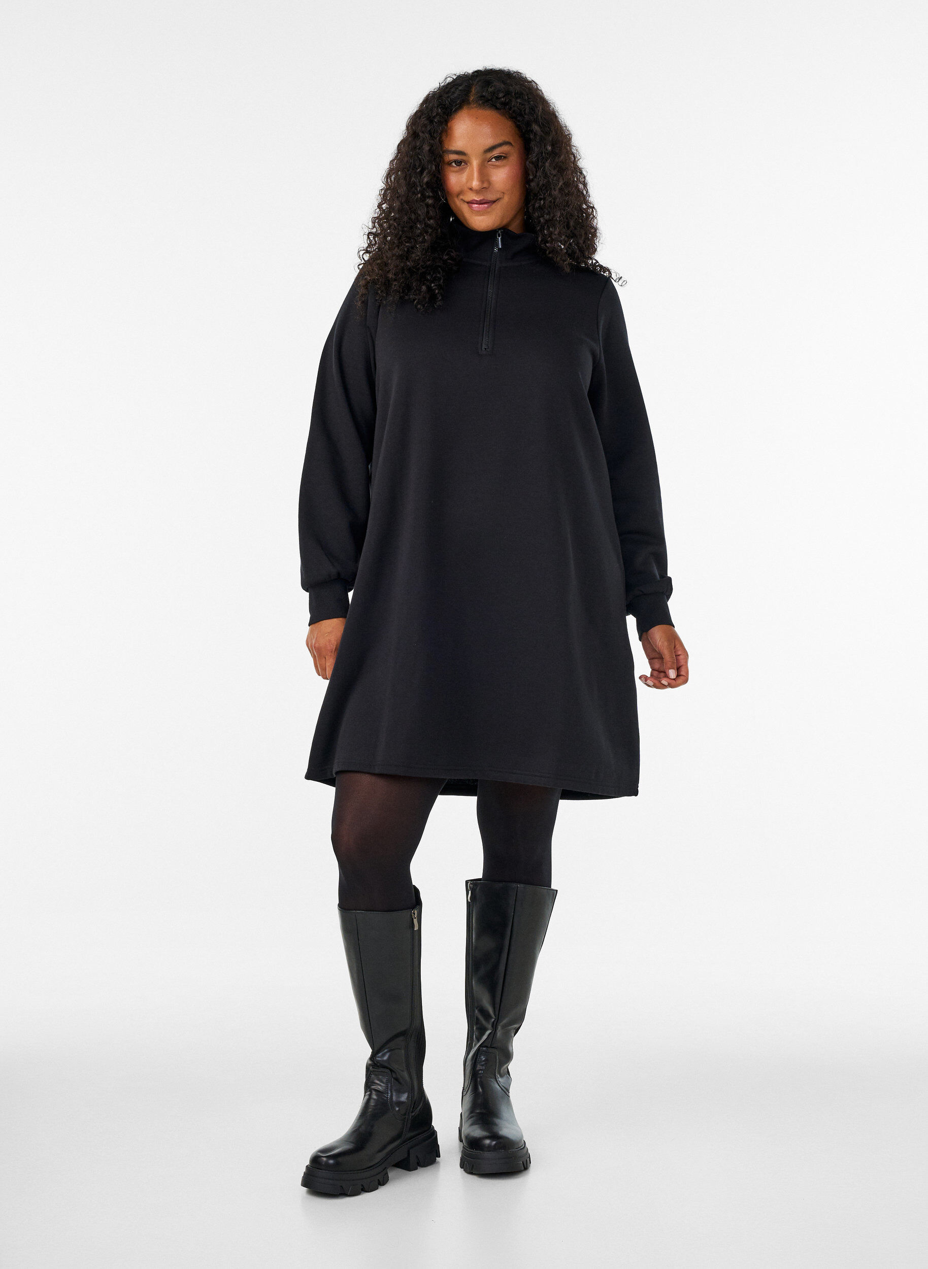 ZizziSweatshirtjurk met hoge ribkraag en rits, Zwart, Model image number 1