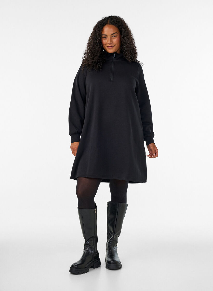 Sweatshirtjurk met hoge ribkraag en rits, Zwart, Model image number 1