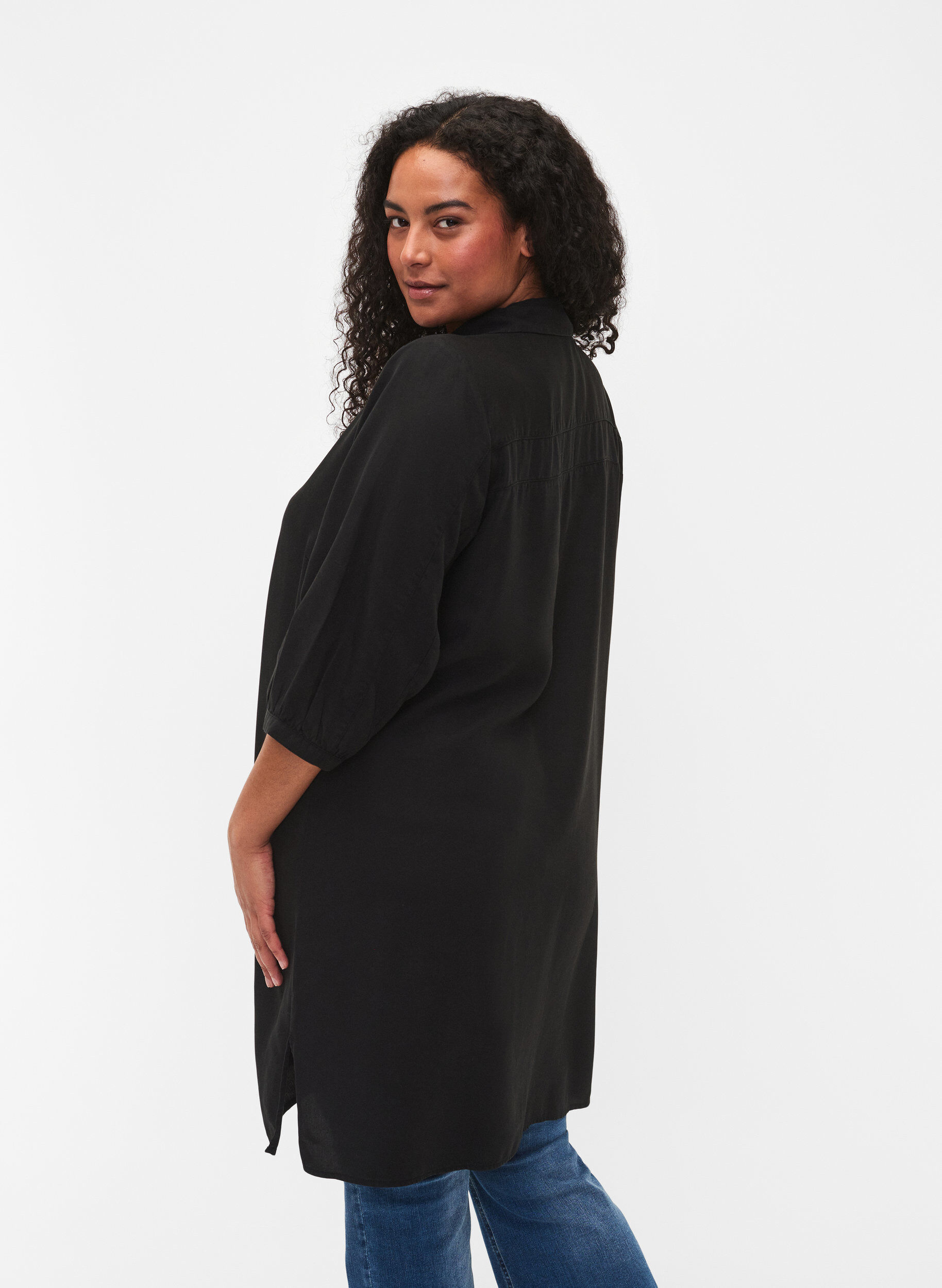 ZizziLang overhemd met 3/4-mouwen van lyocell (TENCEL&trade;), Black, Model image number 1