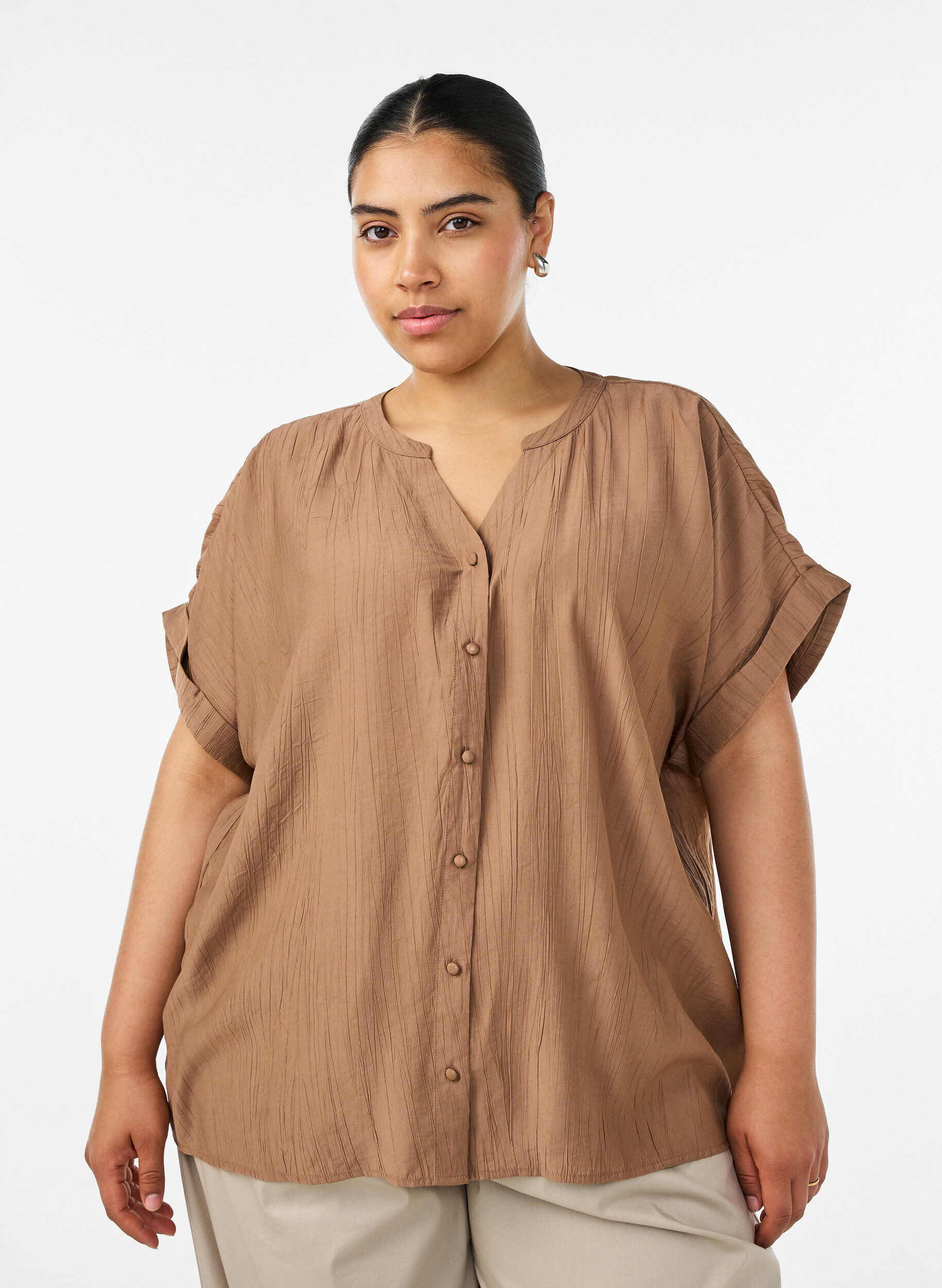 ZizziViscose blouse met knoopjes en textuur, Bruin, Model image number 0
